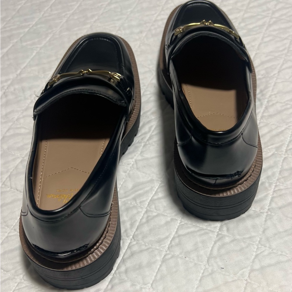 Sam Edelman Black Patent Laurs Lug Sole Loafers Gold Bit Buckle Platform - Picture 4 of 8